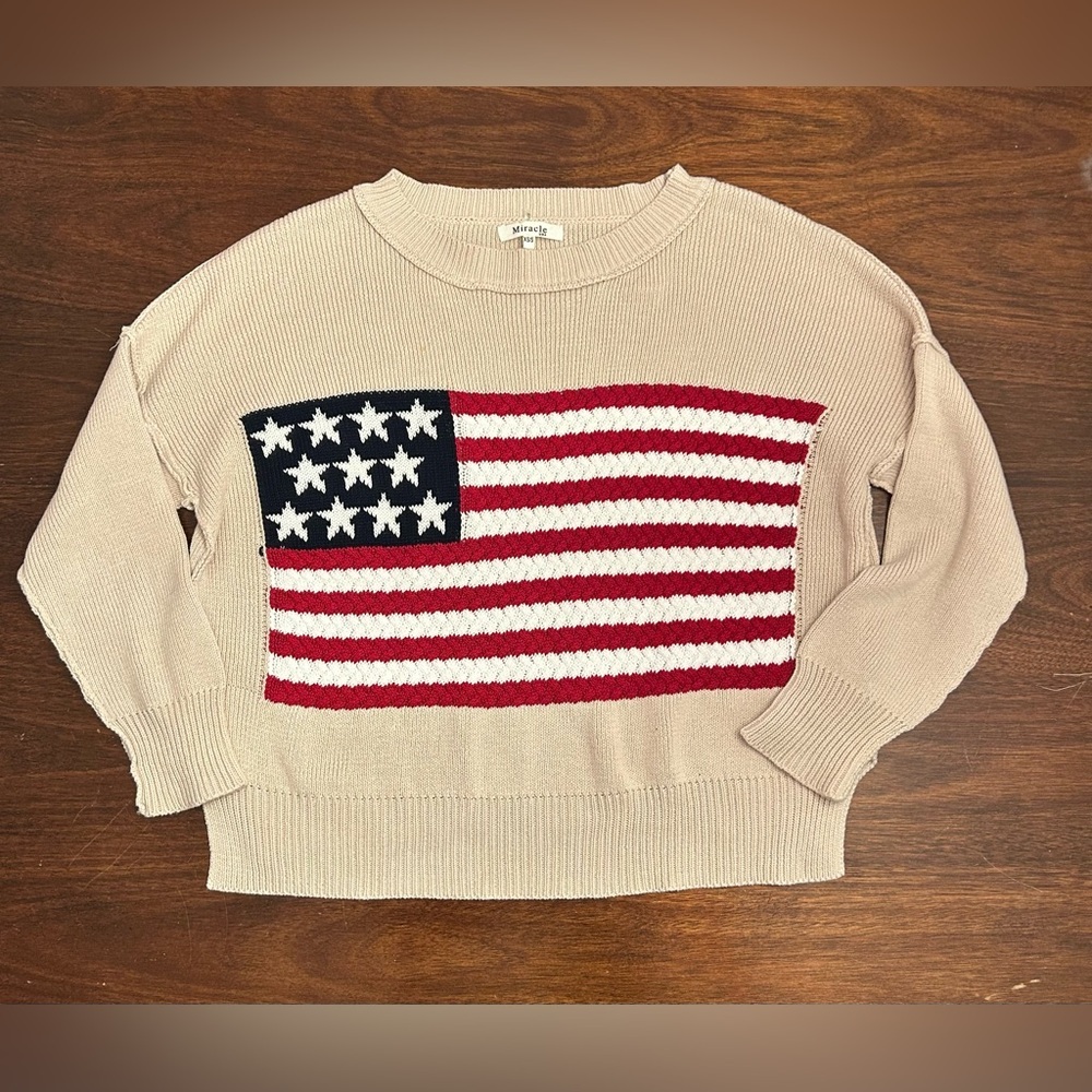 Oversized Miracle Beige Sweater with American Flag Design